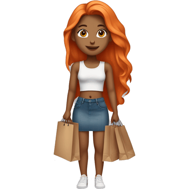 Tan girl with long orange hair wearing a mini skirt and crop top outfit holding shopping bags emoji