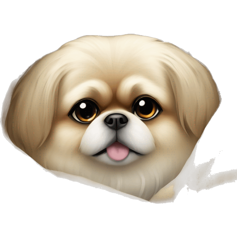 White Pekingese cozy in beige blanket emoji