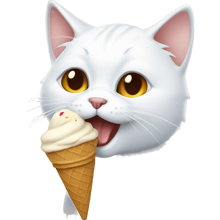 A white cat with brown patches eating an ice cream emoji