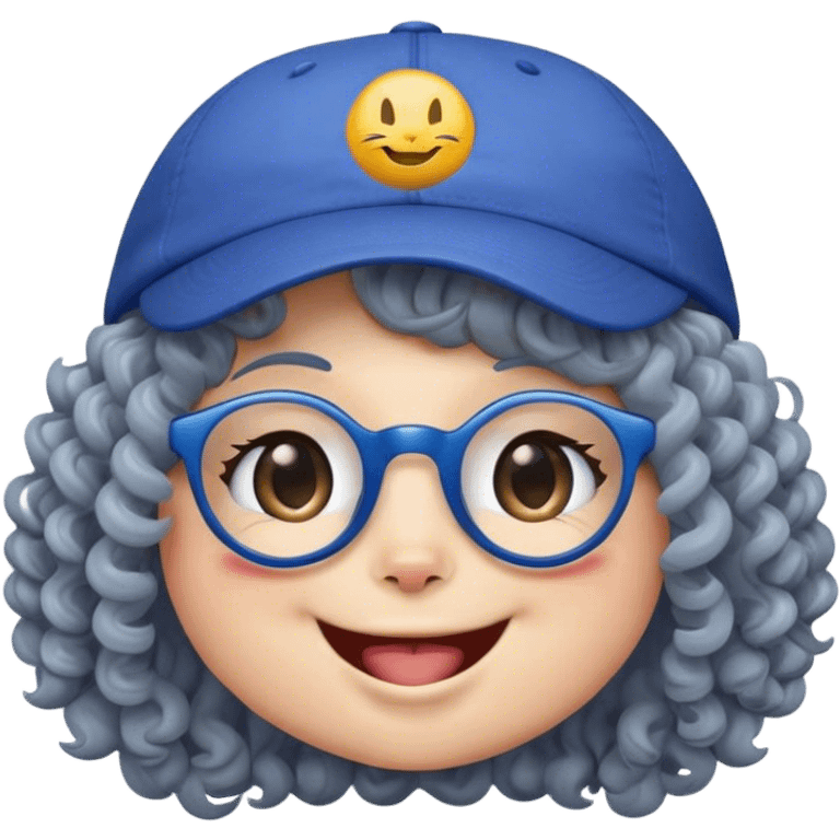 yellow female smiley face emoji, big smile, winking, wearing a backwards blue ball cap, grey curly hair, cat eye glasses, no eye colo emoji