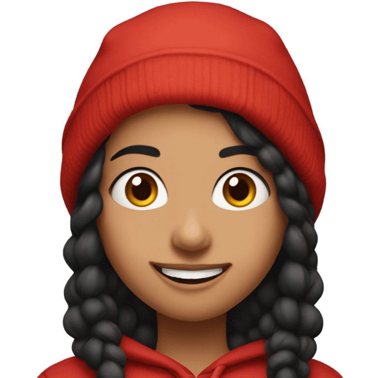 Spanish girl wearing black beanie and red hoodie with a nose piercing and thick eye brows and smiling emoji