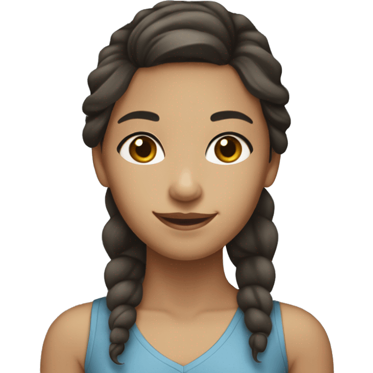 Girl with light olive skin, dark brown hair and blue-grey eyes smiling  emoji