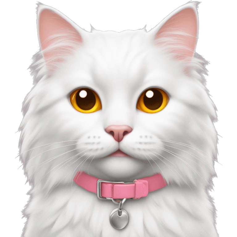 fluffy white cat with orange spots wearing a pink collar emoji