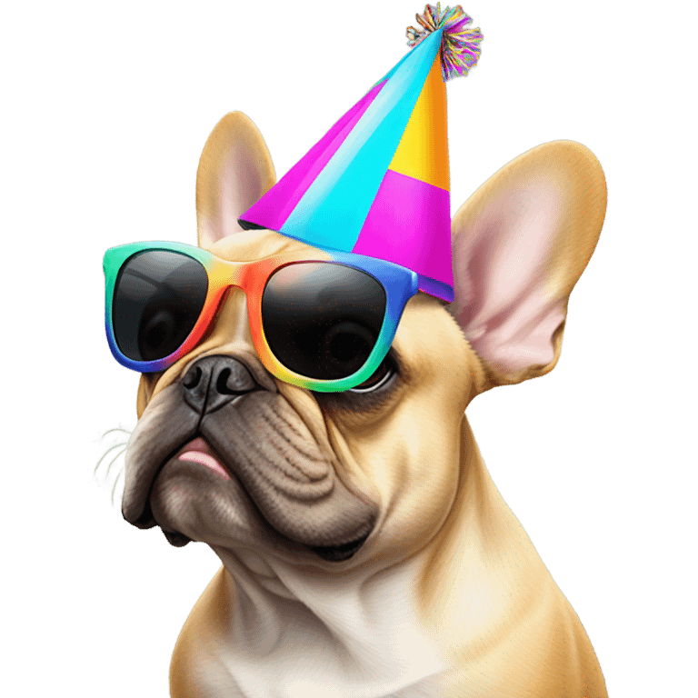 French bulldog wearing sunglasses wearing a party hat emoji