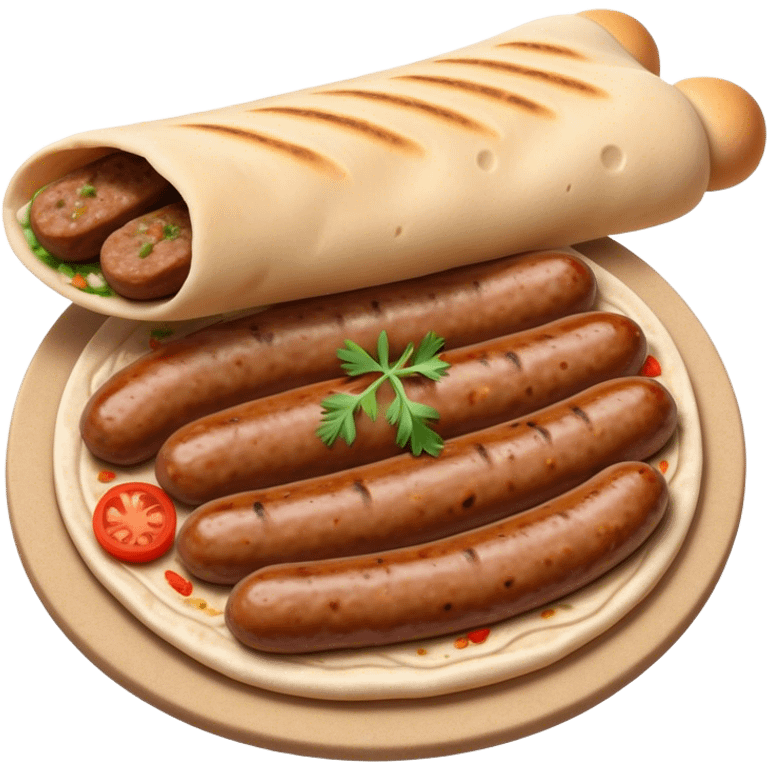 Cevapi Cinematic Realistic Cevapi Dish Emoji, depicted as modest, short, skinless sausages served with traditional flat bread, rendered with realistic textures and rustic, inviting lighting. emoji