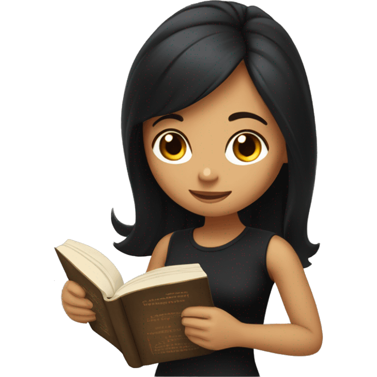 Girl with tan skin and long black hair and black shirt reading a book emoji