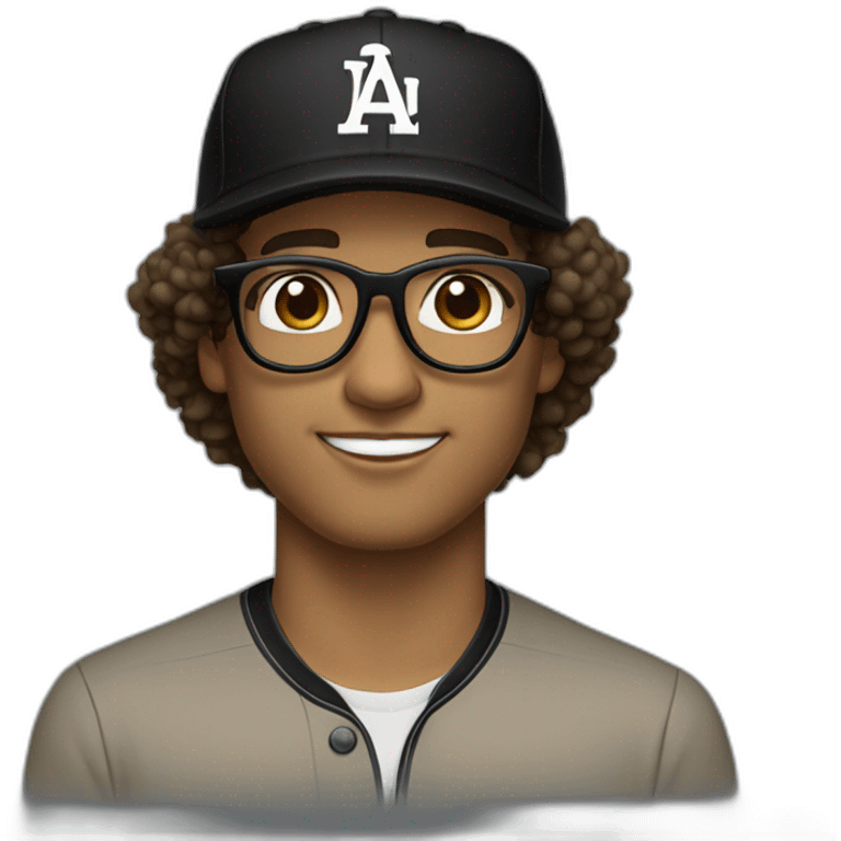 Light brown Latino man with big curly hair wearing black glasses brown eye and black baseball hat emoji