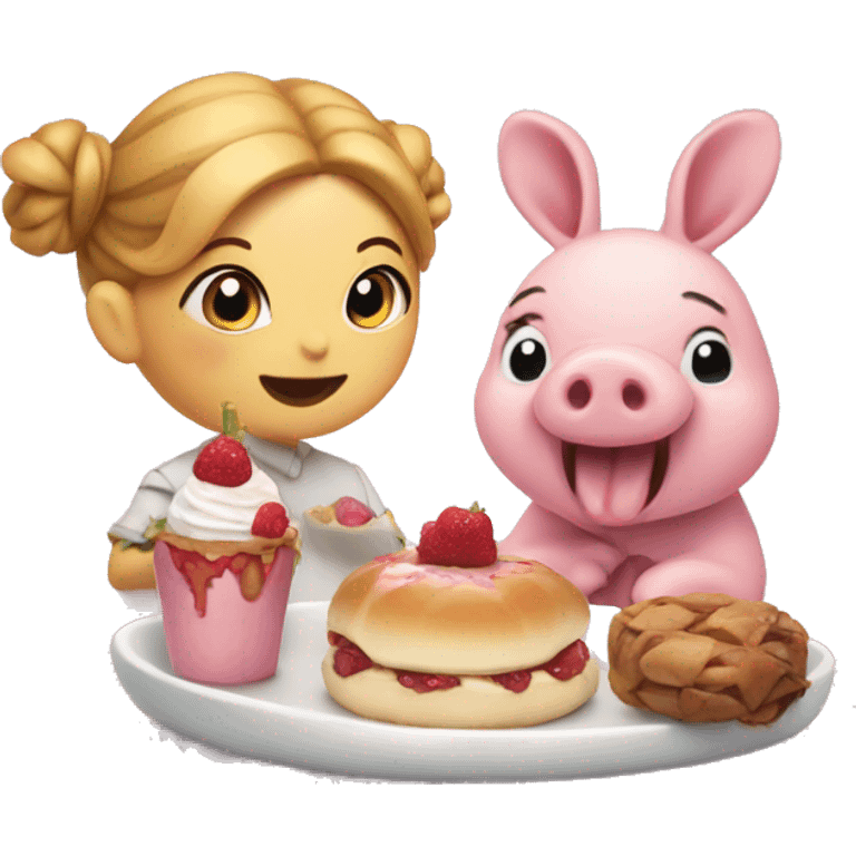 Bun (emoji) and piglet eating dessert emoji