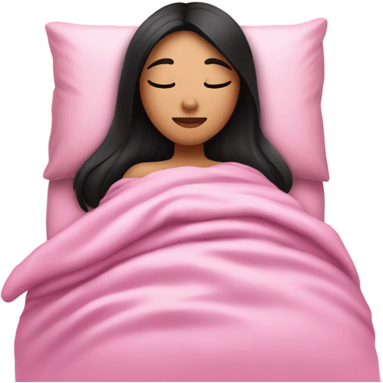 a girl with straight black hair, in the bed sleeping with pink blankets  emoji