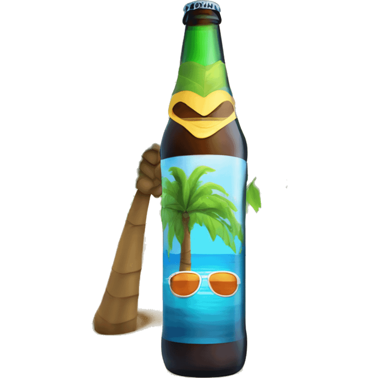 Una botella de cerveza con una camisa de palmeras de playa y lentes de sol.  emoji