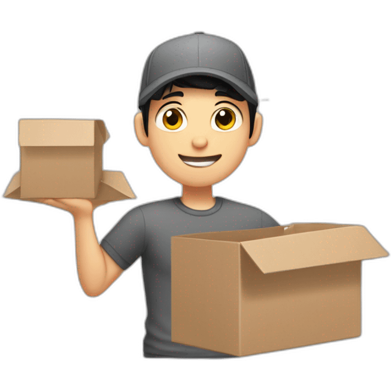 Pale skinned fit Man with black hair in a gray cap and dark gray polo T-shirt keeping a pasted box into his hands emoji