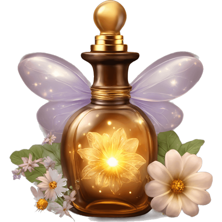 Brown magic fairy light sparkling old Antique oil perfume bottle with herbal and flowers emoji