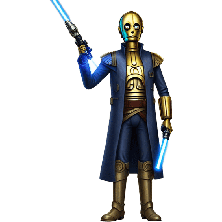 tarnished undercover tough well-equipped Jedi  life-sized darkblue-pearl C3po leather vest clothing pants and vest old west duster coat holding light saber sheriff emoji