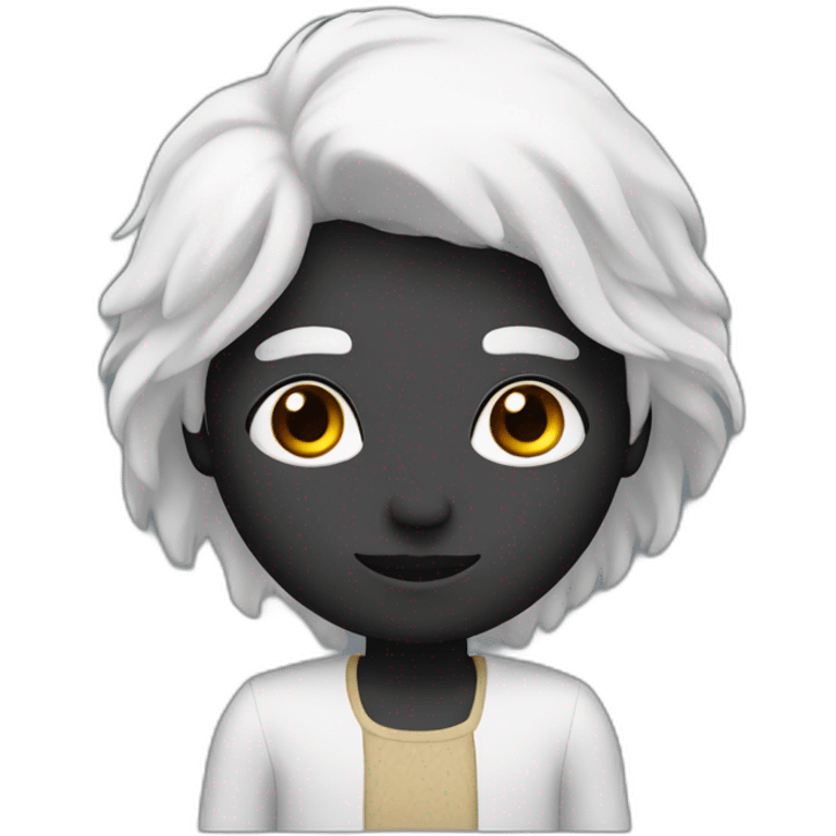 human with black skin and round face with small eyes and long white hair emoji