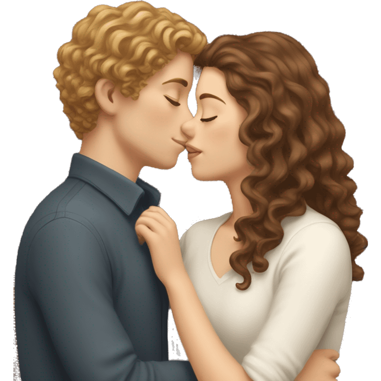 white girl with wavy brown long hair kissing a white boy with short curly brown hair emoji