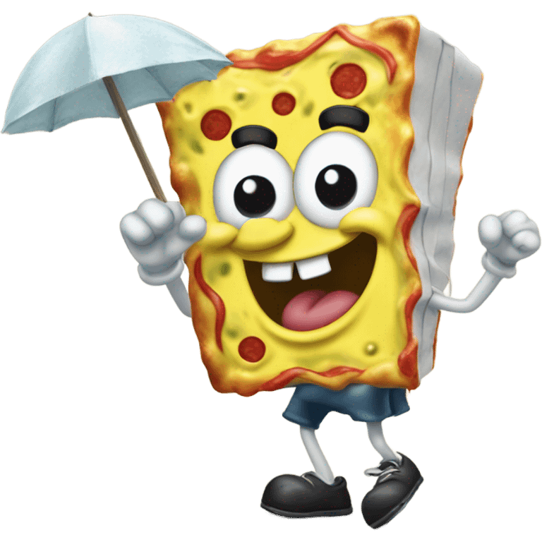 SpongeBob walking through the wind with pizza box emoji