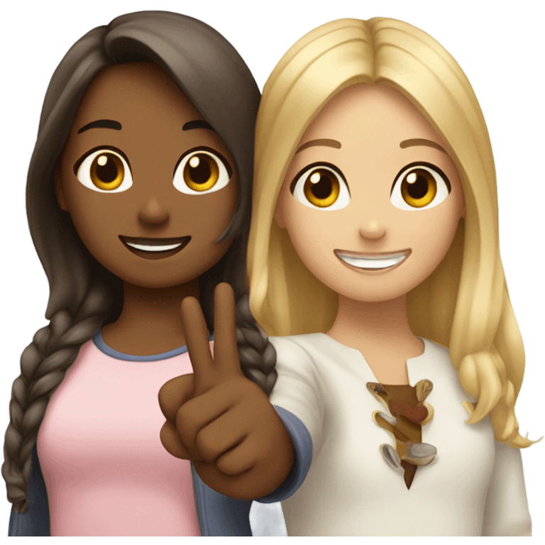 A girl with blond hair and a girl with brown hair doing the peace sign together  emoji