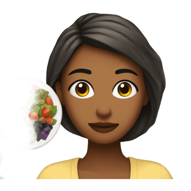 a woman looks at a plate of healthy food emoji