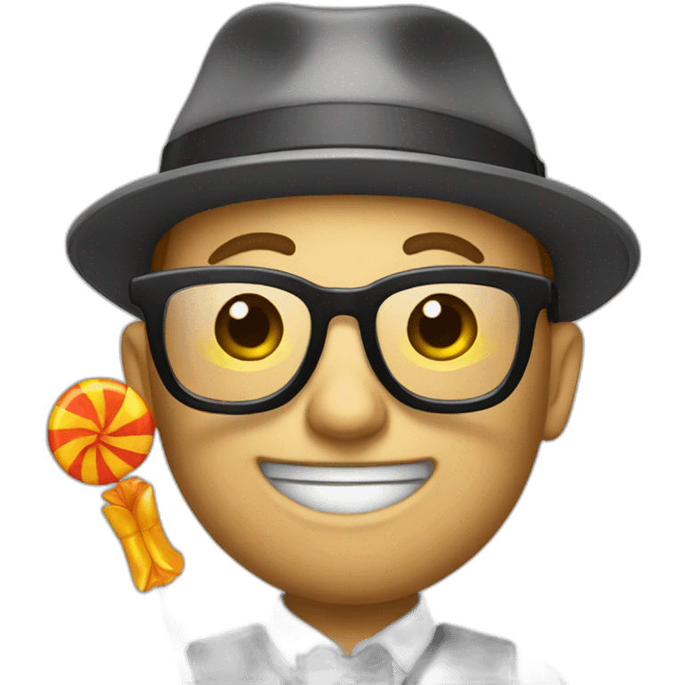 nerd emoji with propeller hat holding a lollipop emoji