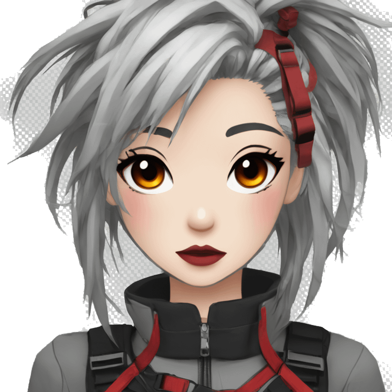 Gorgeous techwear anime style lady with blushing face aesthetic and pretty edgy black red white punk messy hair with collar and harness trending style emoji