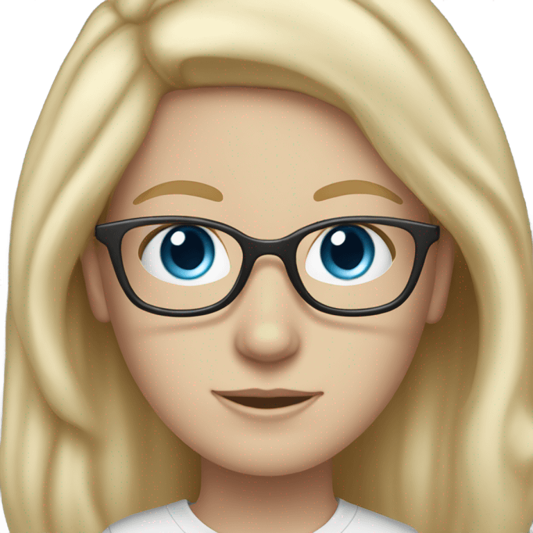 A white girl whit blonde hair and glasses and blue eyes and a off white shirt emoji