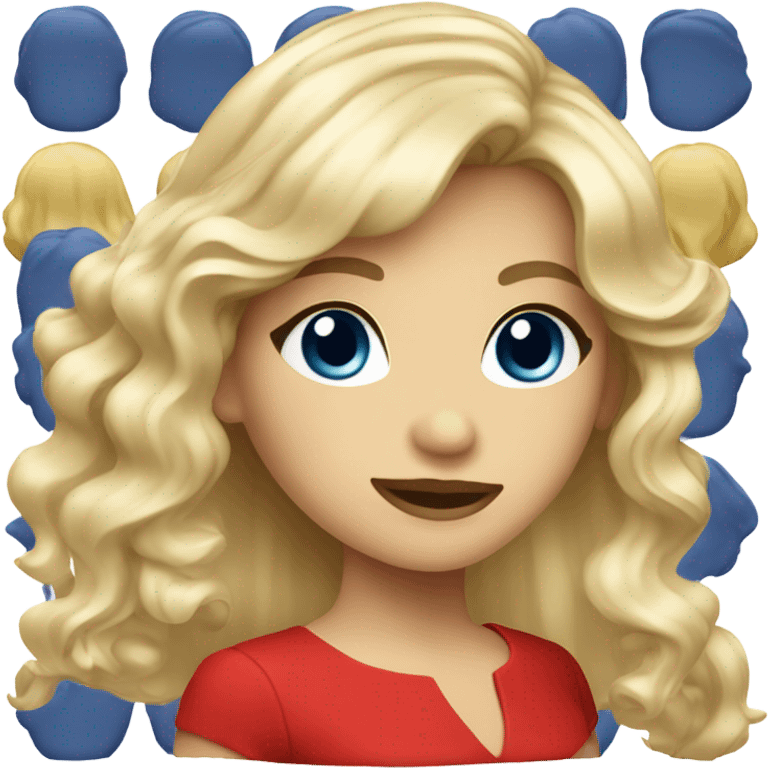 female with long wavy light blonde hair, bangs, dark blue eyes, elegand and classy red dress emoji