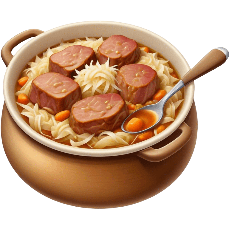 Cinematic Realistic Bigos Dish Emoji, showcasing a hearty stew of sauerkraut and meats rendered with rich textures and dynamic, rustic lighting. emoji