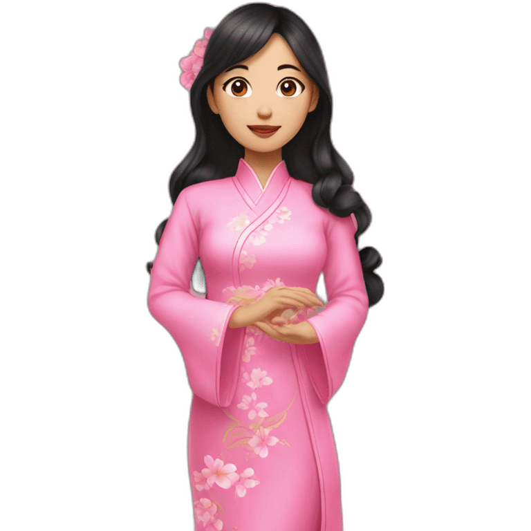 asian girl with wavy black hair posing with pink ao dai emoji