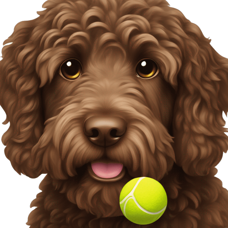 Chocolate labradoodle with tennis ball emoji