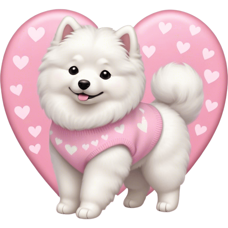 Samoyed in a pastel sweater with hearts is walking emoji