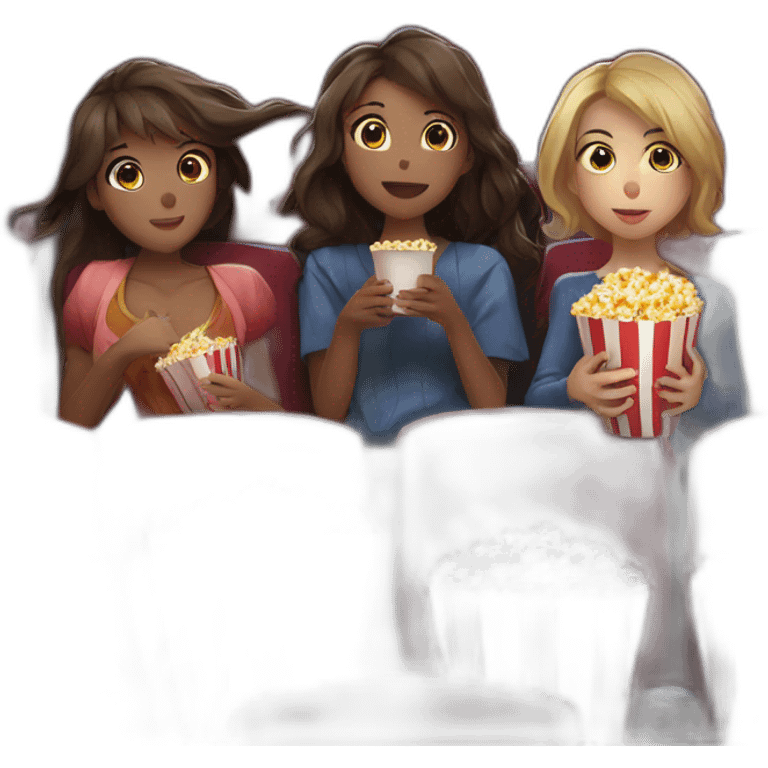 three beautiful anime ladies watching movie at the cinema eating popcorn, dark background emoji