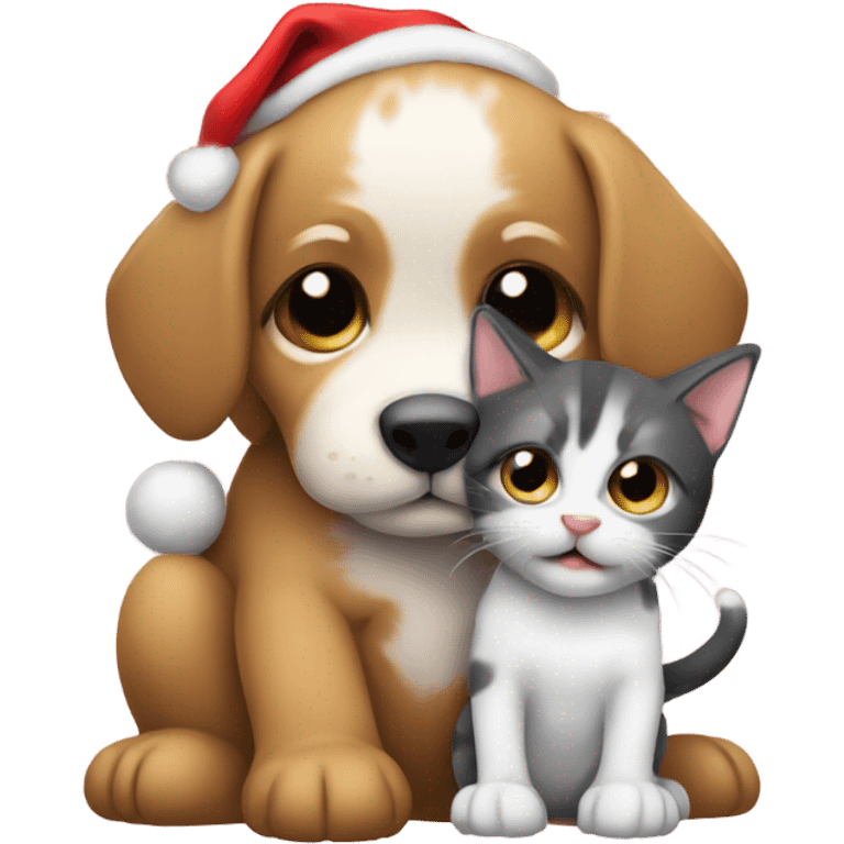 Puppy hugging a kitten wearing santa hats emoji