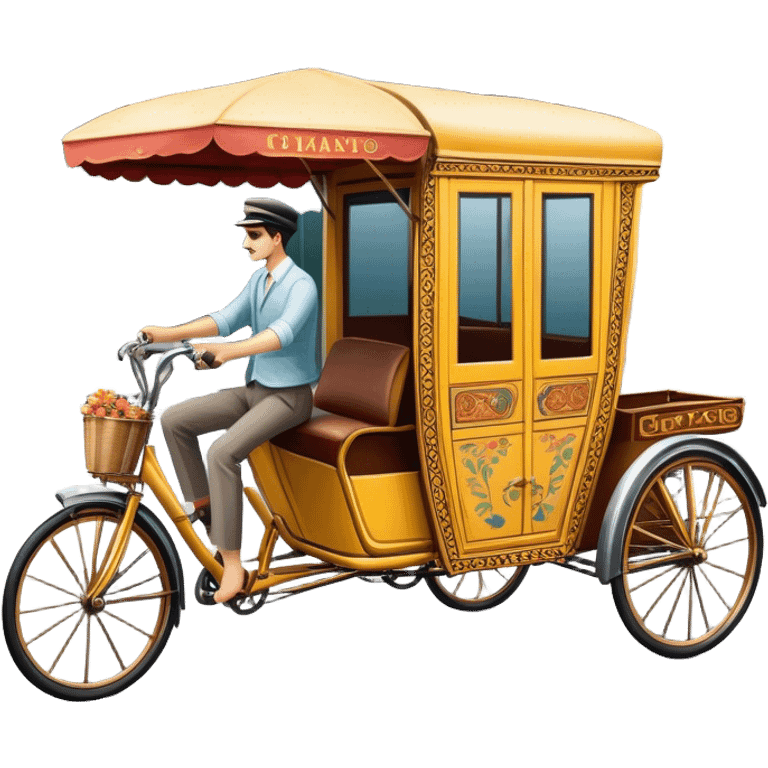 Cyclo rickshaw – Cinematic Realistic Cyclo Rickshaw, depicted as a charming, ornately painted three-wheeled cycle taxi with vintage detailing, set on bustling city streets under dynamic urban lighting that evokes cultural heritage and nostalgic charm. emoji