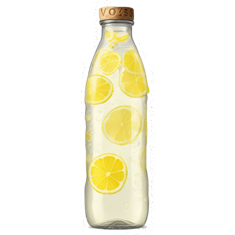 vintage voss branded glass water bottle with lemon slices inside hyperrealistic soft textures fine details no background emoji