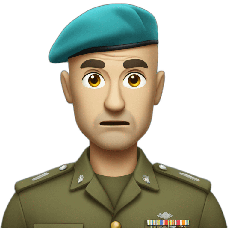 cyan beret bald angry 50 years old man no hair furious very angry frown with khaki idf uniform emoji