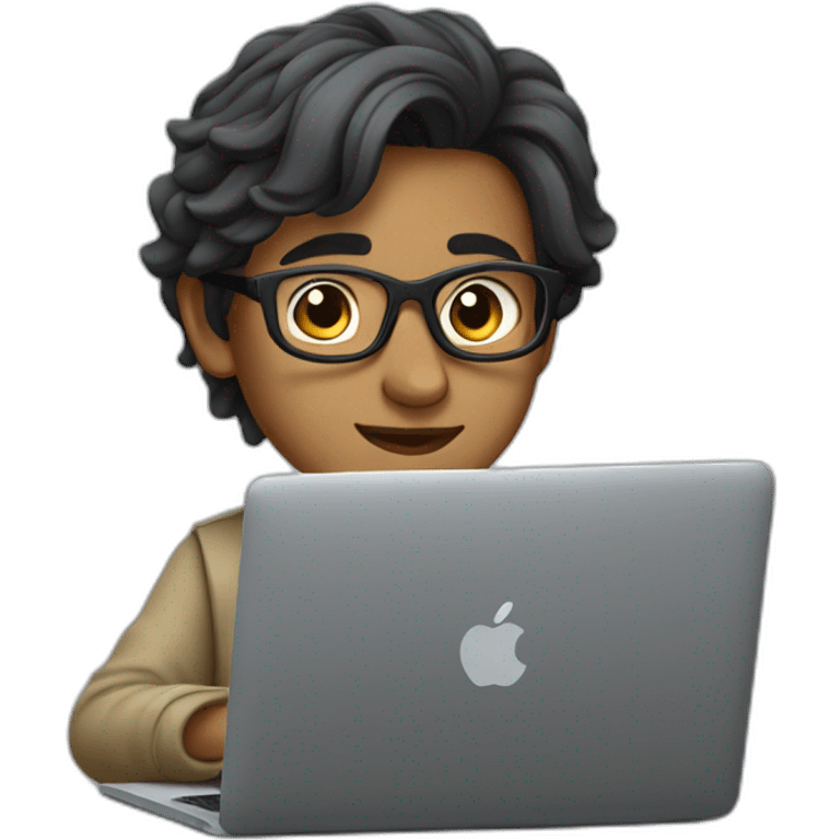 Indian boy with long hair tied in a low bun with grey spectacles working on his MacBook emoji