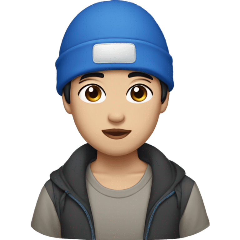 black short hair, black eyes wearing blue beanie, asian emoji