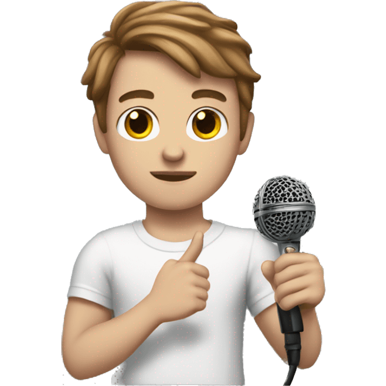 White boy with brown hair with arm tattoo holding a microphone  emoji