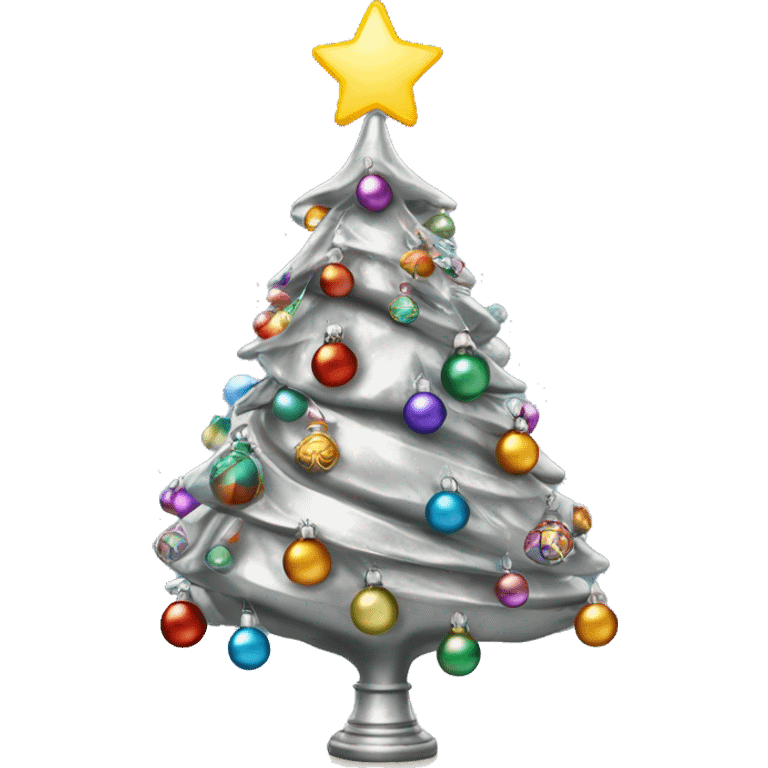 Retro silver Christmas tree with multicolor lights and ornaments emoji