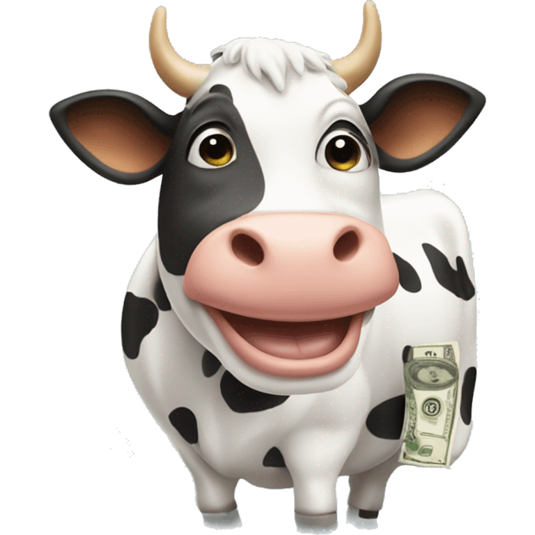 Cow with dollar signs on it and a big grin on his face emoji