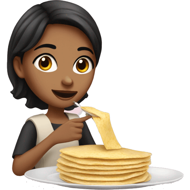 Girl with short black hair eating dubai crepe emoji