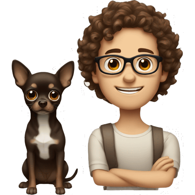 A caucasian boy with brown curls and glasses with his dark brown chihuahua emoji