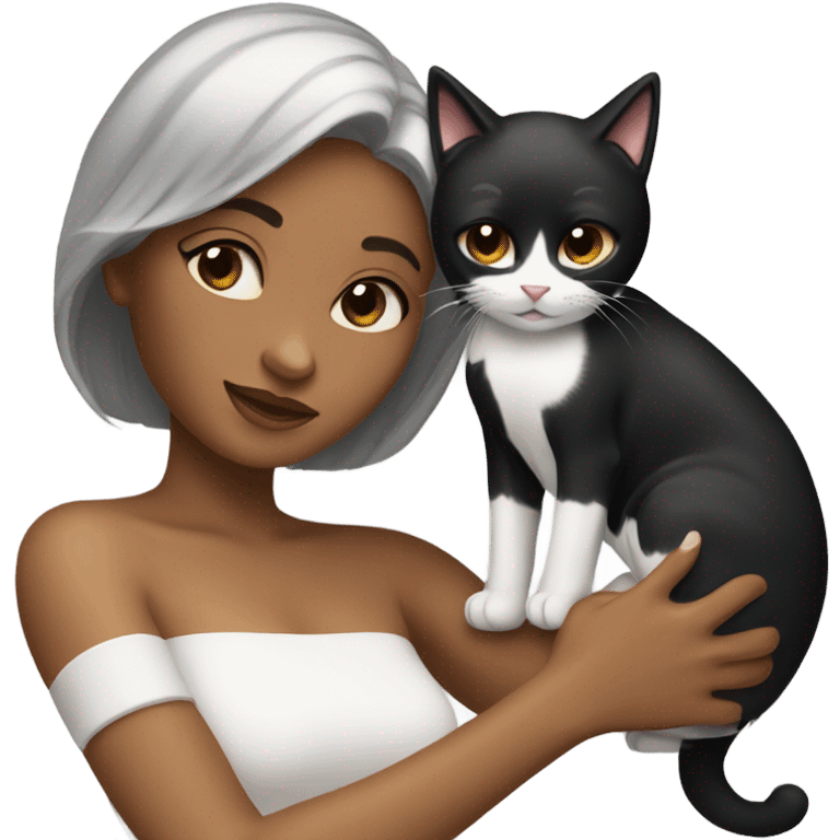  Caramel skinned woman with black hair hugging a black and white cat  emoji