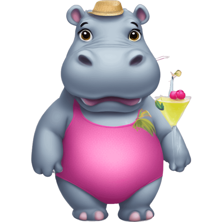 hippo wearing a wig, swimsuit and makeup  with a cocktail emoji