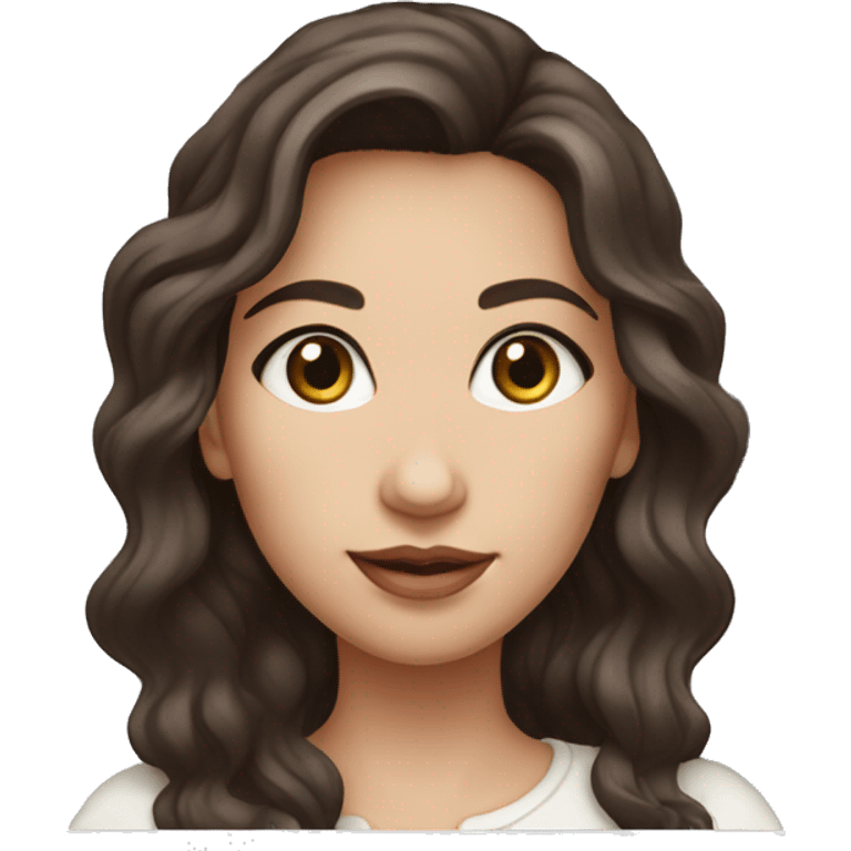 Girl with wavy dark brown hair dark brown eyes wearing pearls and white skin hold macbook emoji