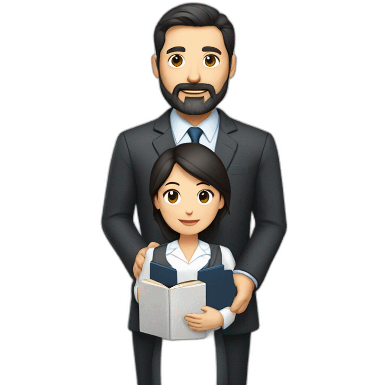 husband classic middle aged executive dark hair trimmed beard wearing business suit holding bible, with wife asian age 55 dark hair wearing nurse uniform emoji