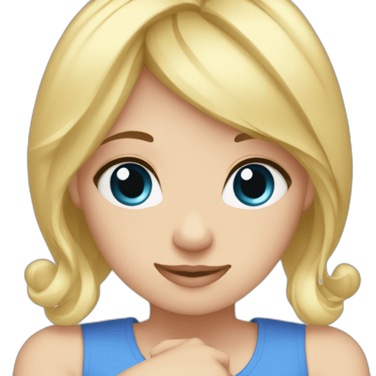 a girl with Blonde hair and blue eyes making heart semboll with her hands emoji