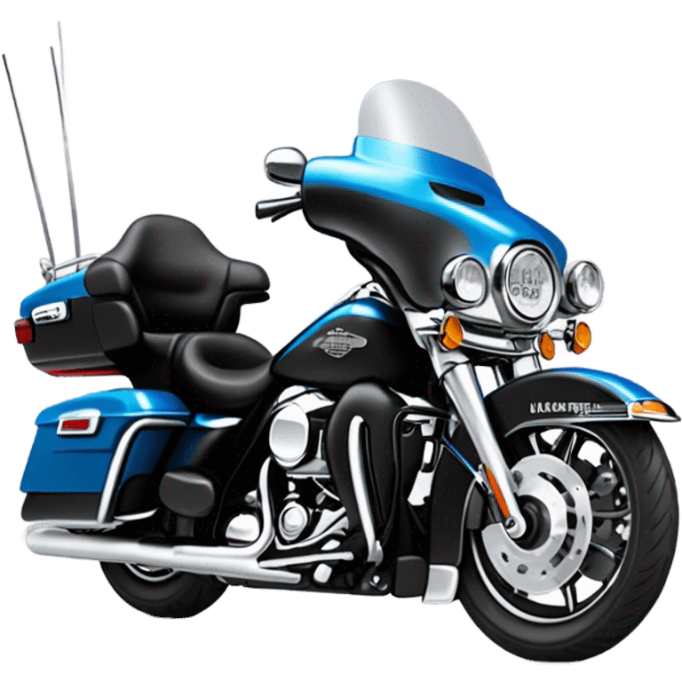 harley davidson electra glide ultra classic with big blue pearl and vivid black two color paint scheme with recurve windshield, a radio antenna and a citizen's band radio antenna. emoji