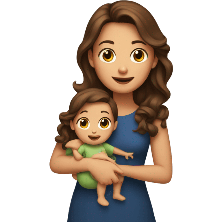 A brown haired girl holding  a 1 year old toddler  emoji