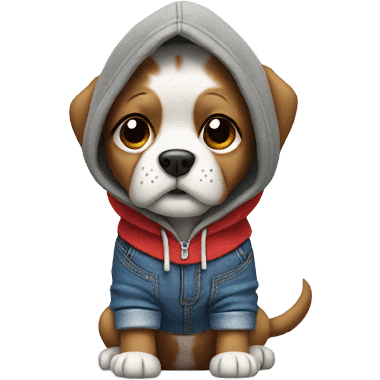 dog wearing gray hoodie red shoes and blue jeans  emoji